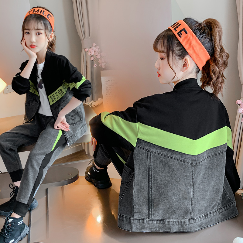 Girl's autumn fitted new suit 2022 Spring and autumn Korean version CUHK Scout Cowboy splicing and collision of two sets of damp