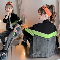 Girls autumn new suit 2021 Spring and Autumn Korean version of the Chinese big boy foreign-style denim splicing two-piece tide