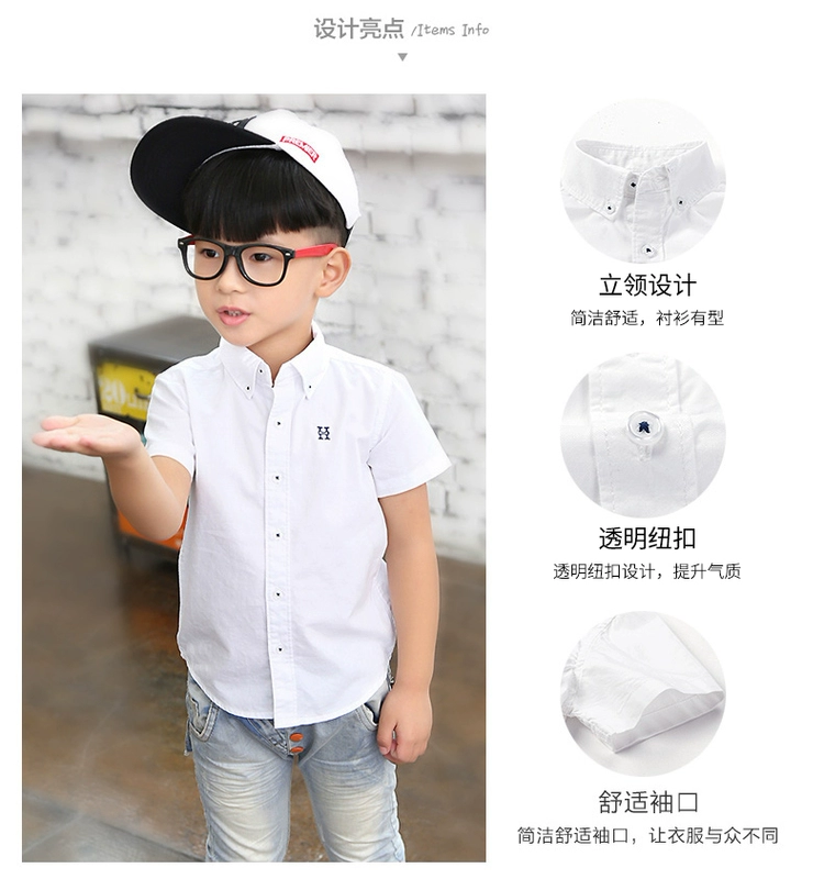 Mùa xuân hè 2019 cho bé trai khoe áo sơ mi tay ngắn mới Quần áo trẻ em Hàn Quốc áo cotton nửa tay trắng - Áo sơ mi váy trẻ em hàn quốc