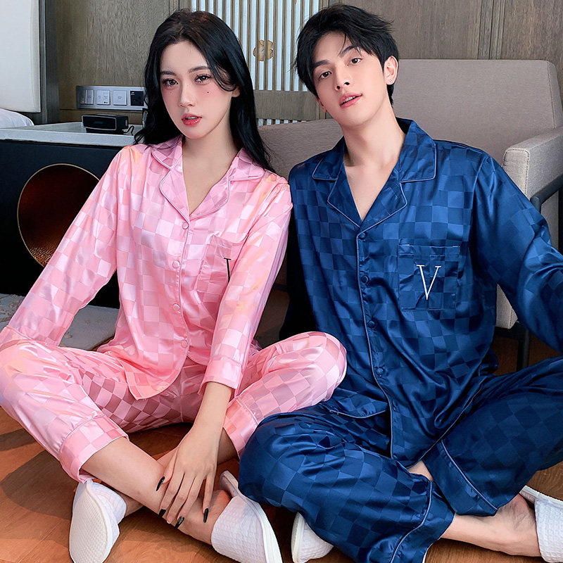 2 Sets Price Lovers Sleepwear Spring Autumn Season Long Sleeves Men And Women's Ice Silk Thin summer Brief Checkered Home for Spring Festival