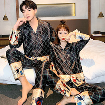  Korean version of couple pajamas womens spring and autumn summer ice silk long-sleeved thin mens silk can be worn outside home service suit