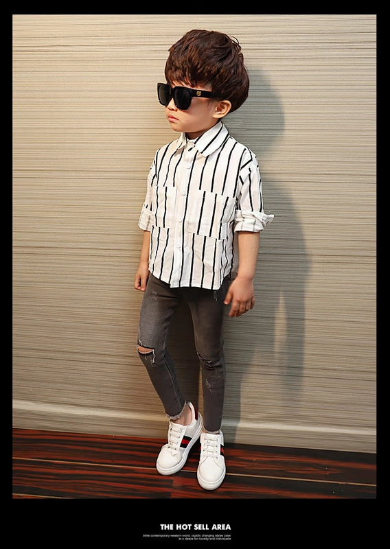 Quần áo trẻ em nam 2018 xuân hè mới trẻ em phiên bản Hàn Quốc của trẻ em lớn thường có sọc dọc dài tay áo trẻ em thủy triều