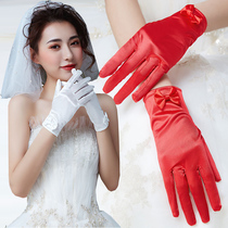 Wedding short gloves Bride wedding gloves wedding dress gloves red satin cloth with fingers show grass clothes gloves women