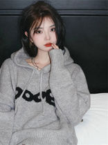 Gray hooded sweater for women spring and autumn 2023 new style lazy style loose national trend letter sweater outer top
