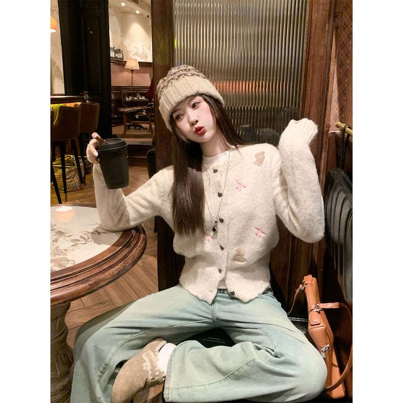 Korean-Style Embroidered Short Sweater Cardigan for Women, Autumn and Winter, Petite, Lazy Style Knit Jacket, Woolen Top