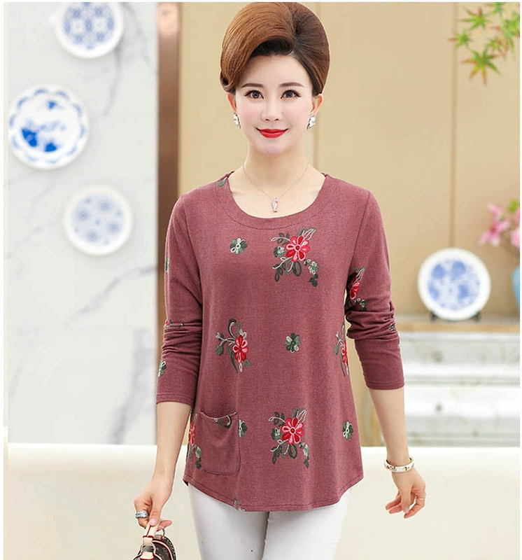 Áo sơ mi nữ trung niên mùa xuân và mùa thu áo rộng kích cỡ lớn cho mẹ trung niên áo thun dài tay áo sơ mi nữ ở phần dài