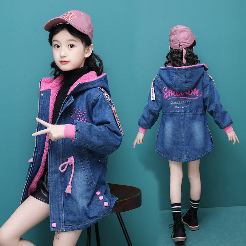 Girls autumn and winter coat 2022 new 5 children 6 plus velvet thick 7 denim clothes 8-year-old little girl Western style clothes trend