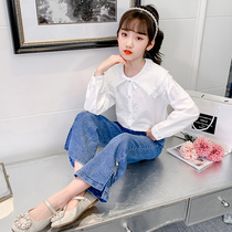 Girl denim suit spring and autumn 5 5 6 6 6 7 ten 10 big children women women foreign style 11 children two sets 12-15 years old