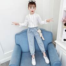 Girls autumn suit 2021 new childrens clothing foreign fashion fashion school pupils jeans little girl spring and autumn two sets