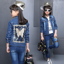 Girls denim suit autumn Korean version of the six 6 seven 7 eight 8 Ten 11-12 age zhong da tong girl Western style three-piece-music of the tide