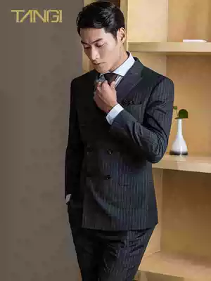 Tangji men's striped suit men's suit double-breasted dress gray suit banquet wedding dress autumn coat