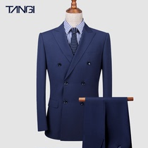  Tangji mens double-breasted suit Mens suit British style Korean version slim business formal suit mens casual suit