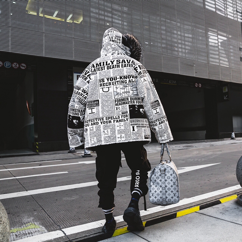 KING báo khắc núi khắc quần áo cotton thời trang đường phố cặp vợ chồng hip hop mùa đông oversize nam và nữ áo bông dài áo khoác nam kaki