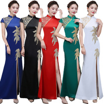 Retro elegant improved side opening and long fish tail cheongsam show annual meeting host dress young thin