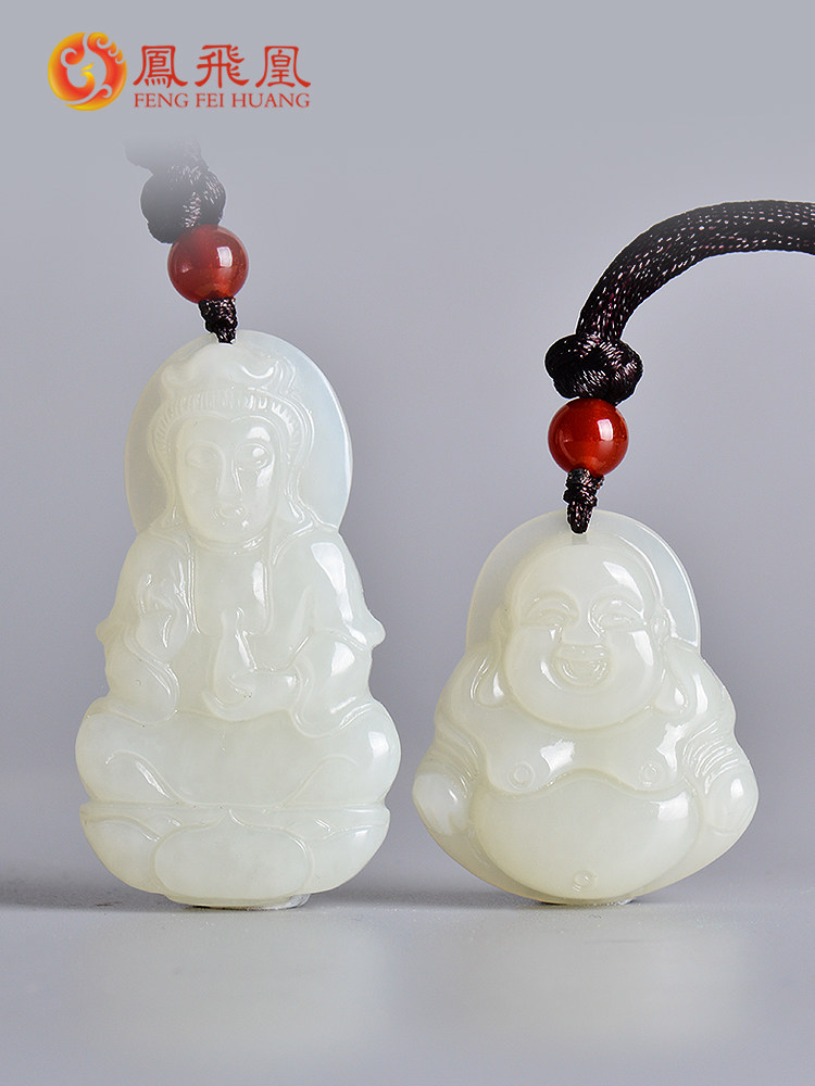 Sheep fat white jade Hetian Jade Guanyin pendant Male Jade Buddha Male female money chain Couple a pair of jade pendant jade necklace
