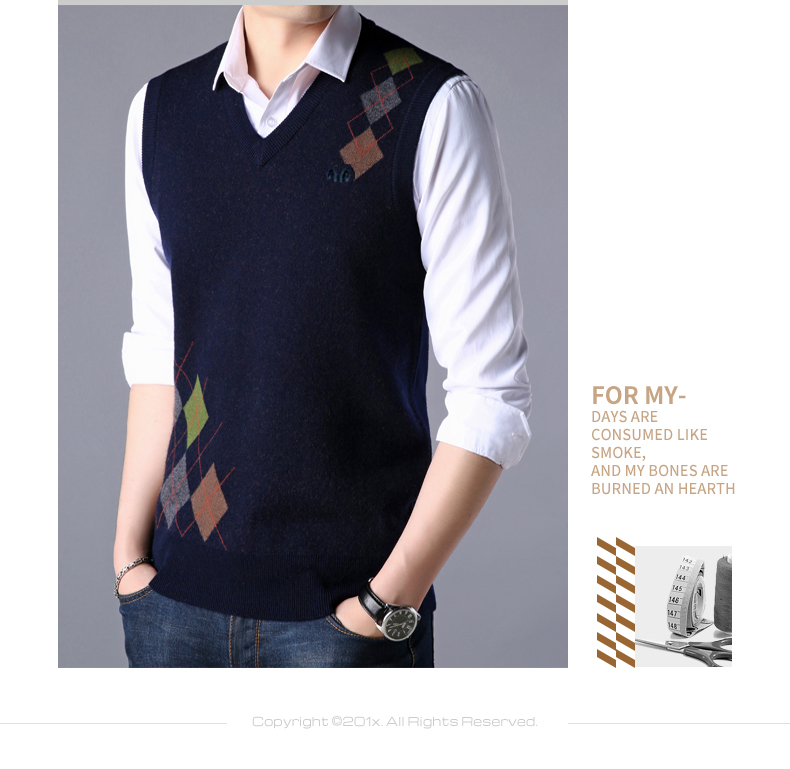 Hengyuanxiang nam len vest V-Cổ len tinh khiết áo len mùa thu và mùa đông mới trung niên vest không tay vest