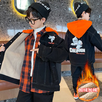 Boy denim jacket autumn 2021 new foreign style children childrens cowboy clothes autumn winter plus velvet thickened tide