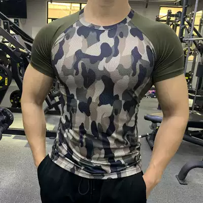 2020 summer new fitness clothes men's camouflage tights high elastic breathable sweat-absorbing short-sleeved running training quick-drying clothes