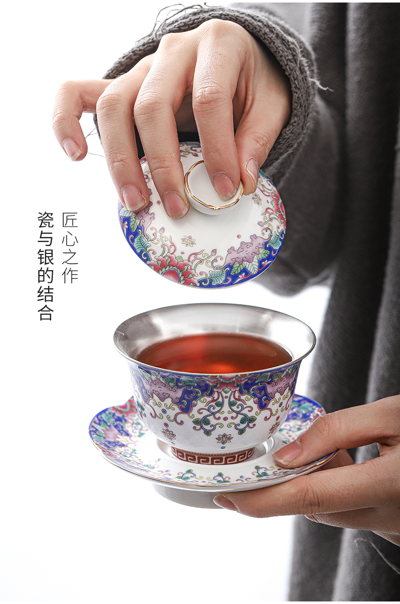 Butterfly flower is tasted silver gilding kung fu tea sets jingdezhen ceramic tea set silver home office tea tureen gifts