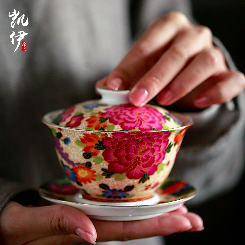 Colored enamel tureen single jingdezhen ceramic spend large three to make tea bowl full cup pot of kung fu tea accessories