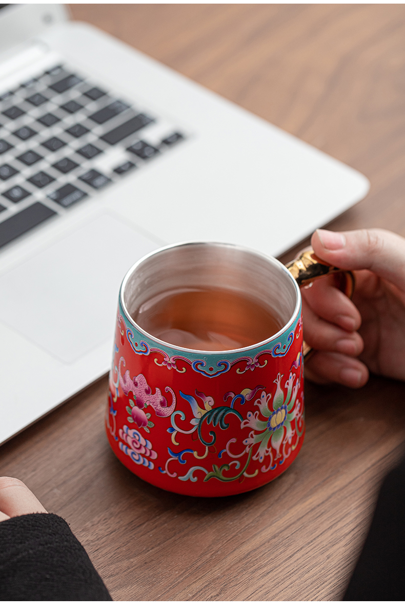 Colored enamel tasted silver gilding jingdezhen ceramic cup K gold handle office cup personal cup silver cup large capacity of CPU