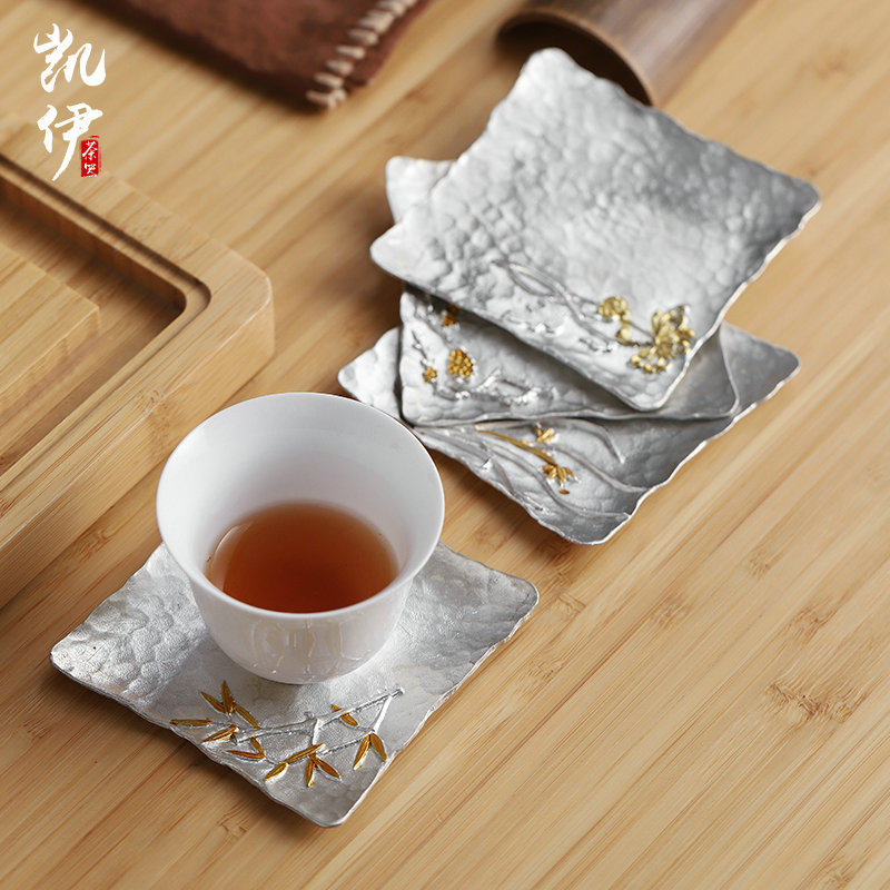 Pure tin coaster Hand hammer mesh pattern Metal tea cup mat Japanese cup holder Bronze dry tea road Tea mat spare parts