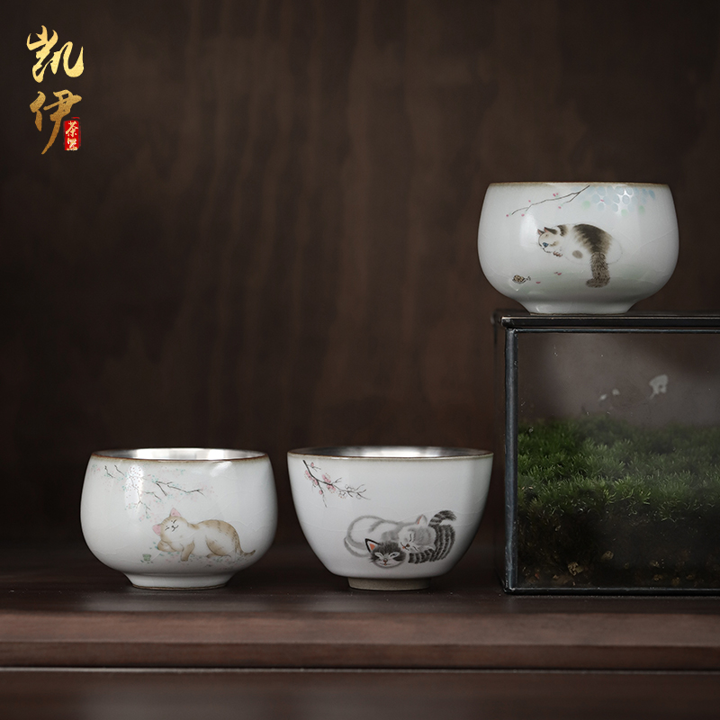 Tasted silver gilding on your up hand - made master cup sample tea cup of jingdezhen ceramic cat kung fu tea set silver cup tea cups
