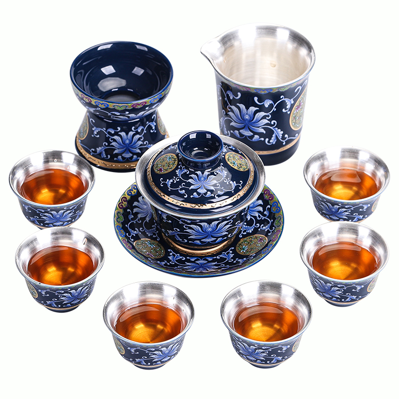 Silver colored enamel 999 coppering. As kung fu tea set gift box package sample tea cup of jingdezhen ceramic tea cup Silver cup home