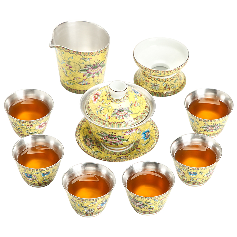 Colored enamel royal Huang Liu, a silver cup kung fu tea set jingdezhen ceramic household silver tureen tea tea set