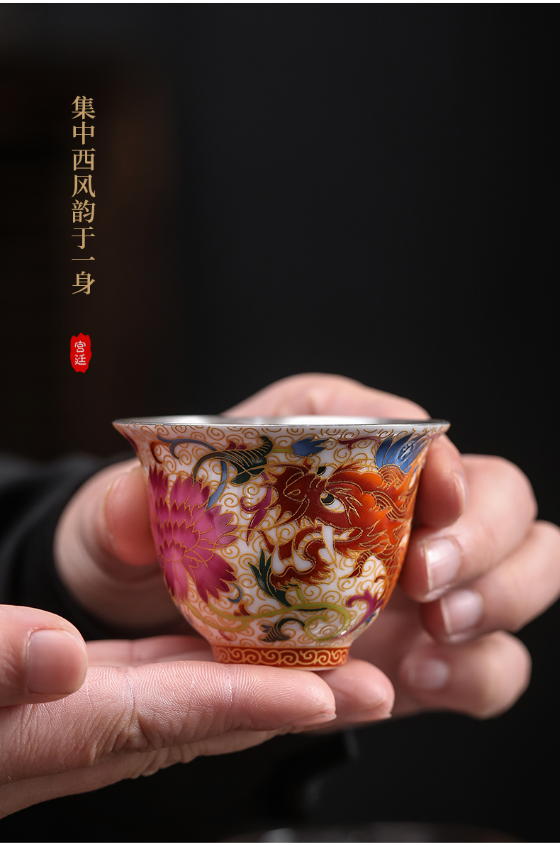 Colored enamel auspicious Long Liu kung fu tea cups sample tea cup silver cup jingdezhen ceramic cup tea masters cup