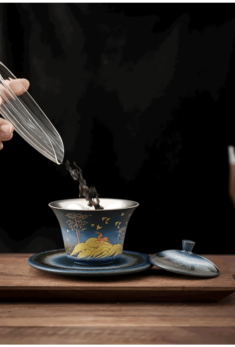 A deer peace coppering. As silver tea set jingdong ceramic kung fu tea set silver cup lid bowl of tea tea set