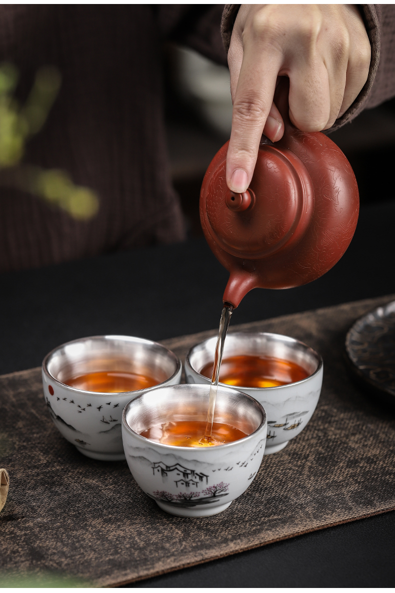 Start your up 999 coppering. As hand - made master cup sample tea cup silver cup of jingdezhen ceramics kung fu tea set silver cup