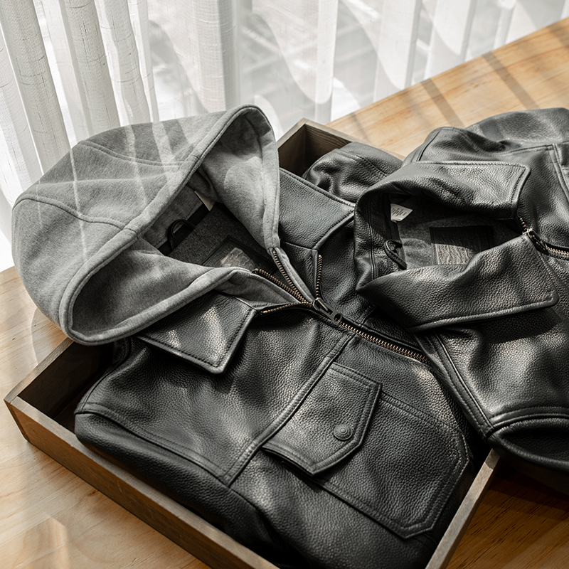 Heavyweight 398 knife imported grain head layer cowhide detachable hooded lapel leather jacket jacket