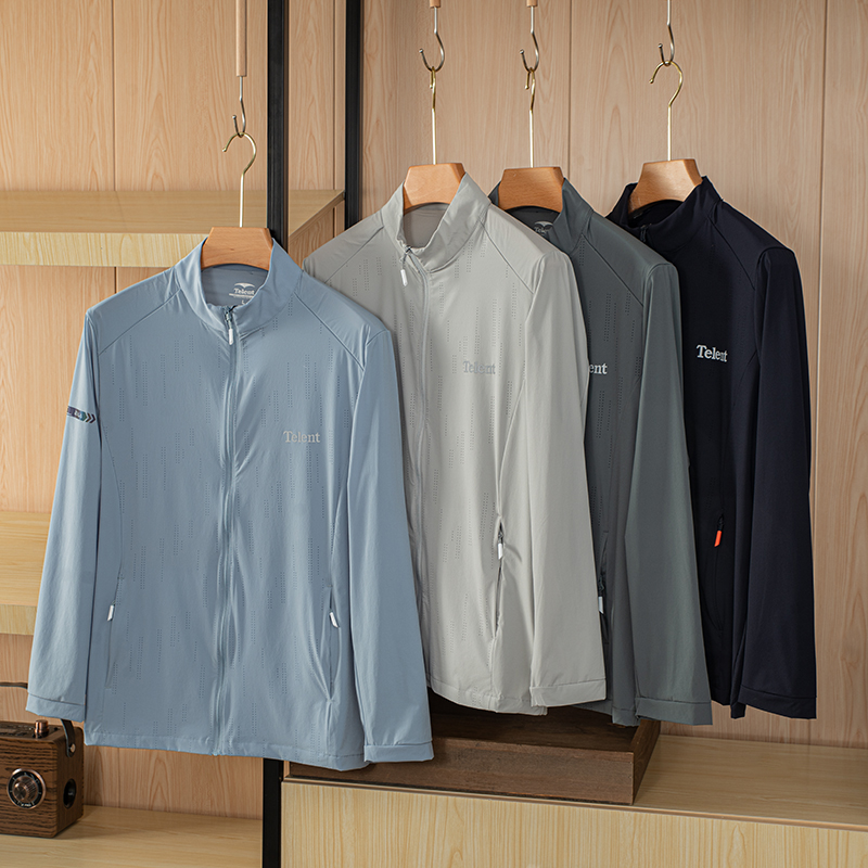 Company channel with anti-counterfeiting men's ultra-comfortable custom-woven milk silk elastic mesh air-conditioning stand-up collar sunscreen skin clothing