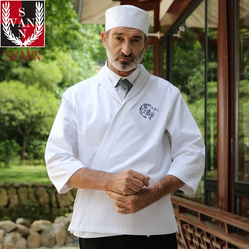 Японские повара кимоно, седьмой рукав чистый белый лацкат зеленый фруктовый воротник Приготовление суши 鮨 Магазин Sashimi Shop Work Old