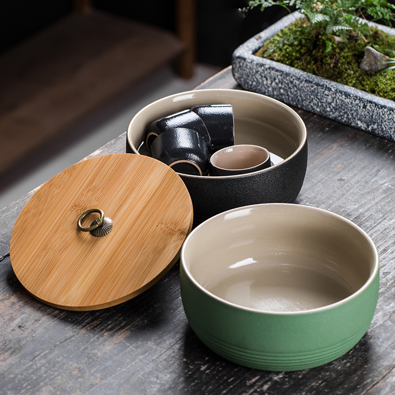 Tea with bamboo cover ceramic bath water jar with cover cup hot wash large bowl cylinder ashtray Tea Tea accessories