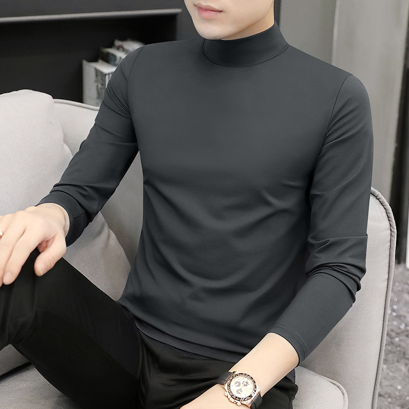 Spring and Autumn Modal Half-Turtleneck Base Shirt for Men, Long-Sleeve T-Shirt, Thin Slim-Fit Mid-Neck Top for Men