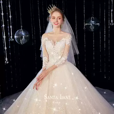 French light wedding dress 2021 new bride round neck embroidery shoulder simple thick arm Net red shake sound New