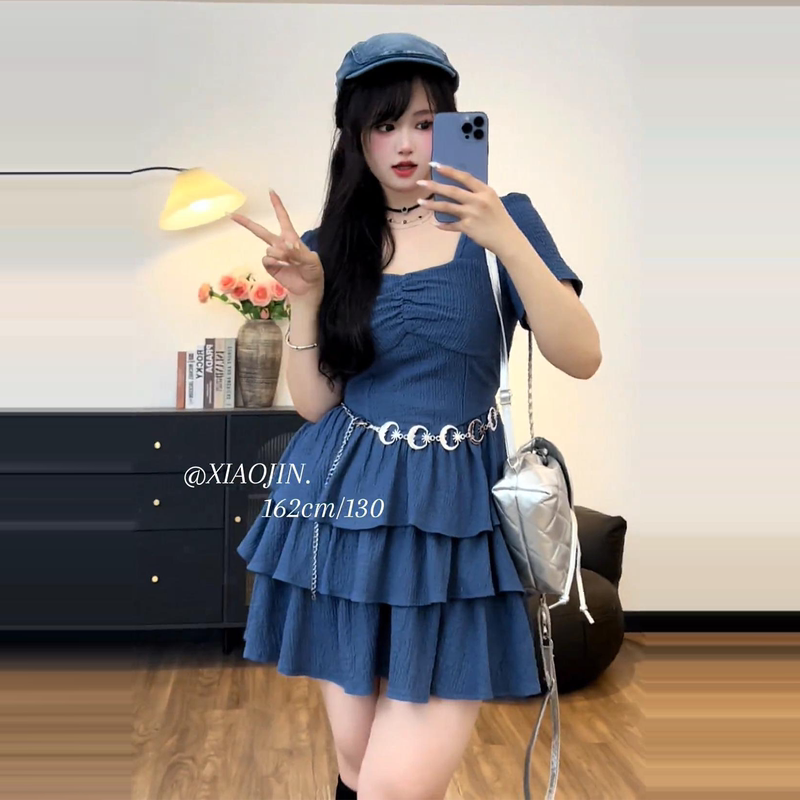 Plus-Size Denim Blue Sweet and Spicy Retro Dress for Women, Summer Slimming Waist-Cinching Cool and Sophisticated Tiered Dress for Curvy Women