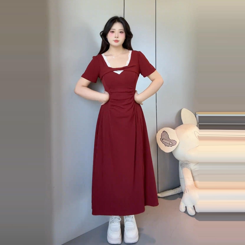 Plus Size Sweet and Spicy Retro Lace V-Neck Dress for Women in Summer, Fat mm (Short for Plus Size) Pleated Waist Slimming Elegant A-Line Mid-Length Skirt