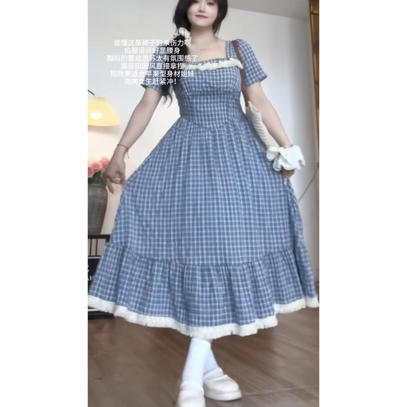 Plus-Size Blue Dress with a Large Hem for Women, Summer, Slimming A-Line Princess Style, Cute and Pure Dress