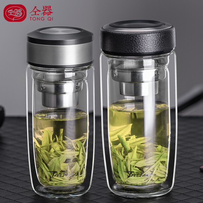 茶杯玻璃杯男个人专用便携商务办公室透明双层防烫家用喝水杯子女