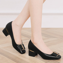 Leather Shoes Lady Shallow Mouth 2021 New Genuine Leather Square Head Buttons High Heel Shoes Accessories Small Dress Children Coarse Heel Single Shoes