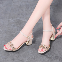 Womens sandals 2021 summer new fashion word with womens shoes rough heel belt drill Joker summer shoes