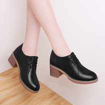 Black leather shoes womens leather 2021 New Spring thick heel round tie-up comfortable deep mouth womens middle heel single shoes