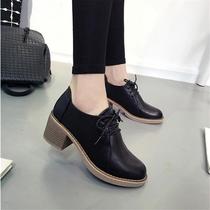 Leather shoes women British women shoes leather 2021 new autumn deep mouth single shoes Middle heel black work thick heel heels