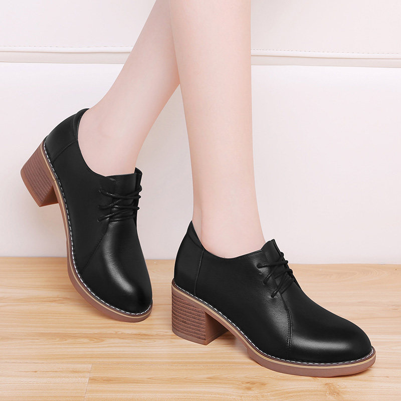 Leather Shoes Women Inglén Women Shoes Genuine Leather 2022 New Summer Deep Mouth Single Shoes Heel Black To Work Heel High Heel Shoes