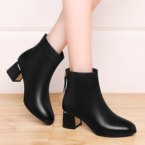 Lady Little Short Boots Winter Leather Shoes Heel Rough Heel Caveat Back Zipper Short Barrel Mama Bull Leather Boots Casual Leather Boots