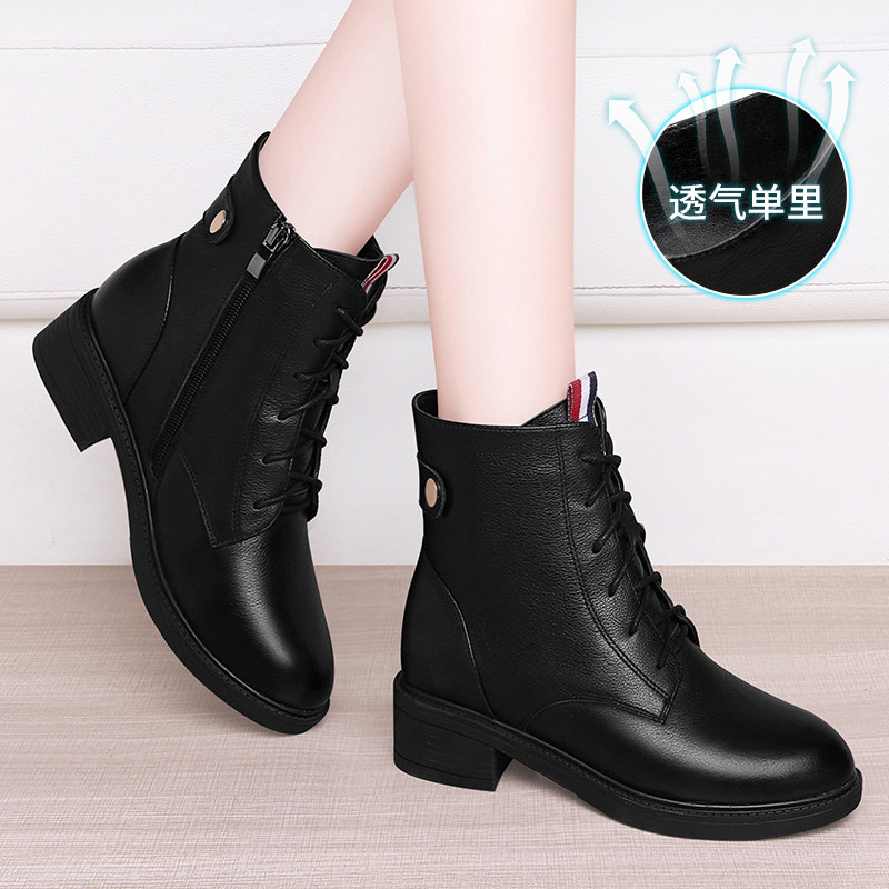 Real Leather Short Boots Woman Single Boots Leather Shoes Spring Thin women Martin boots 2021 New headlayer Niu leather 100 lap low heel