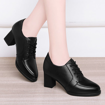 Leather high heels thick heels spring womens shoes 2021 new medium heels black leather shoes comfortable work shoes